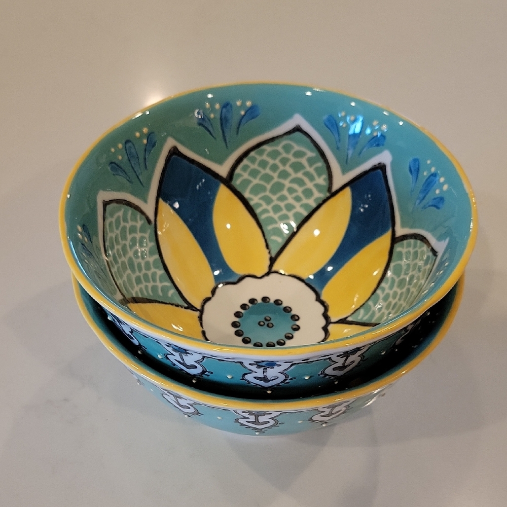 Anthropologie Floral Patterned Bowls - Retired Mint Blue Green and Yellow
